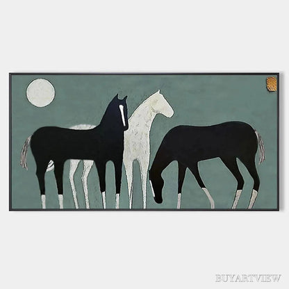 BUYARTVIEW Three Horses Under the Moon – Minimalist Horse Painting, Panoramic - image 1