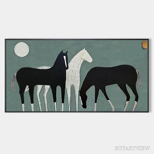 BUYARTVIEW Three Horses Under the Moon – Minimalist Horse Painting, Panoramic - image 1