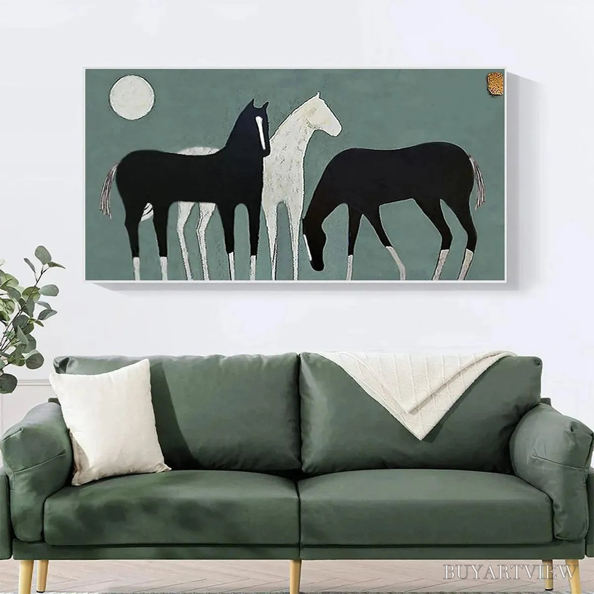 BUYARTVIEW Three Horses Under the Moon – Minimalist Horse Painting, Panoramic - image 2