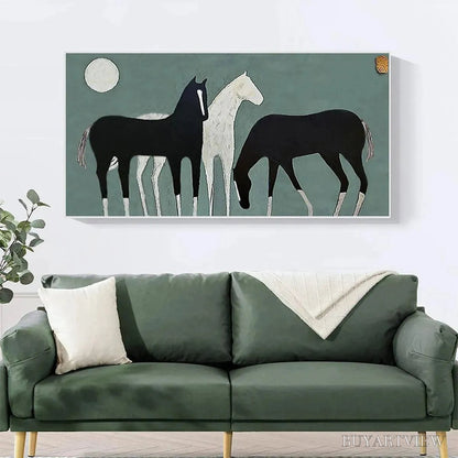 BUYARTVIEW Three Horses Under the Moon – Minimalist Horse Painting, Panoramic - image 2