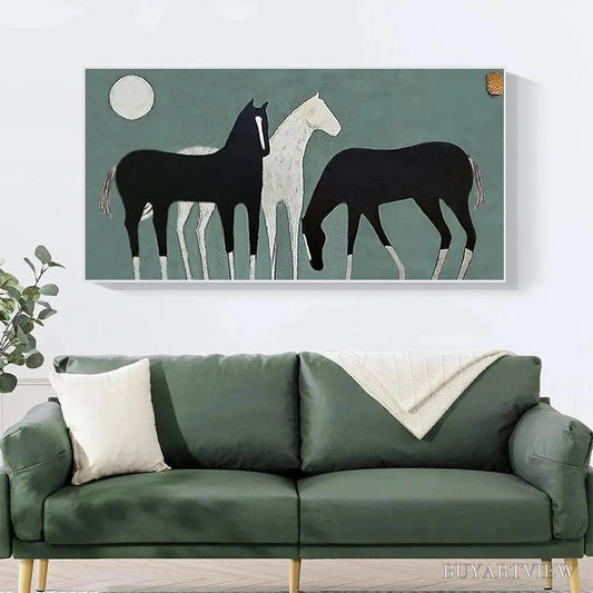 BUYARTVIEW Three Horses Under the Moon – Minimalist Horse Painting, Panoramic - image 2