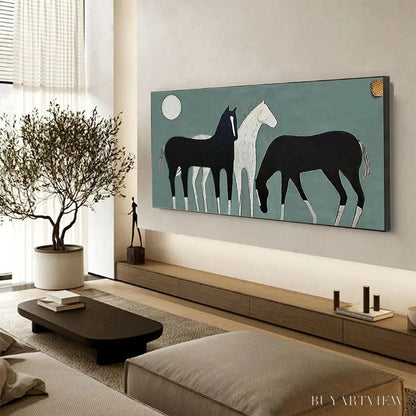 BUYARTVIEW Three Horses Under the Moon – Minimalist Horse Painting, Panoramic - image 4