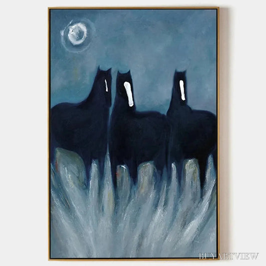 BUYARTVIEW Three Horses At Night – Minimalist Horse Painting, Vertical - image 1