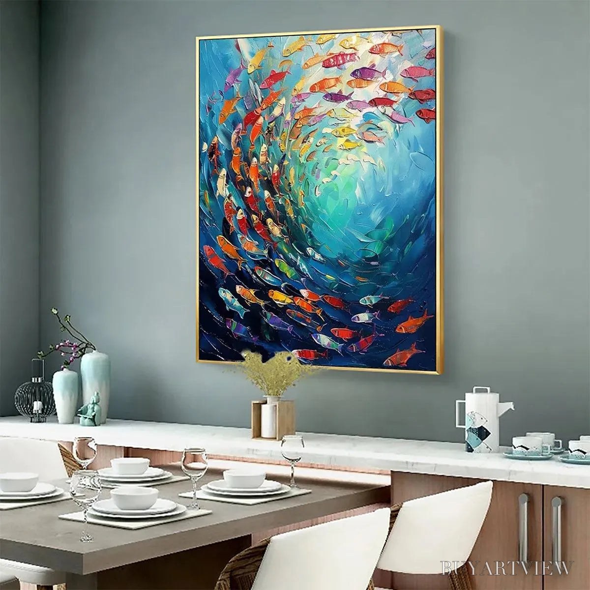 BUYARTVIEW Whirlpool of Fish – Colorful School of Fish Painting - image 5
