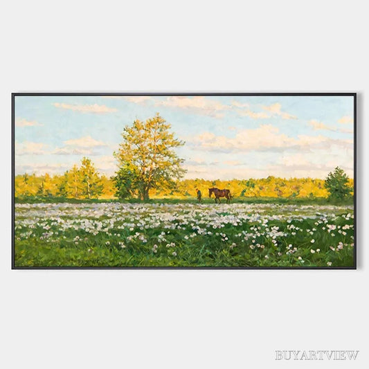 BUYARTVIEW Sunlit Meadow – Tranquil Landscape Painting with Horse and Figure - image 1