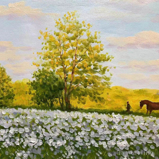 BUYARTVIEW Sunlit Meadow – Tranquil Landscape Painting with Horse and Figure - image 2
