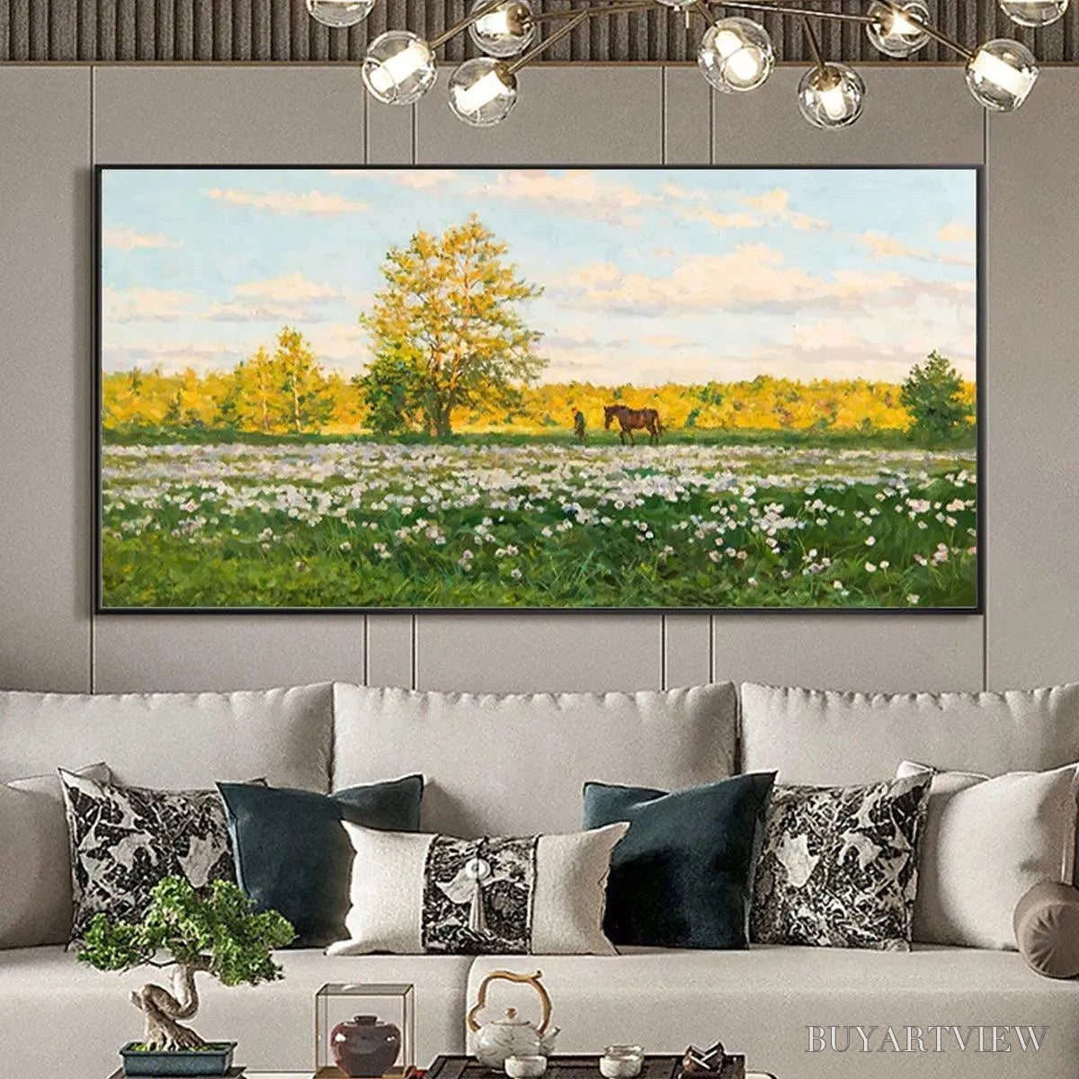 BUYARTVIEW Sunlit Meadow – Tranquil Landscape Painting with Horse and Figure - image 3