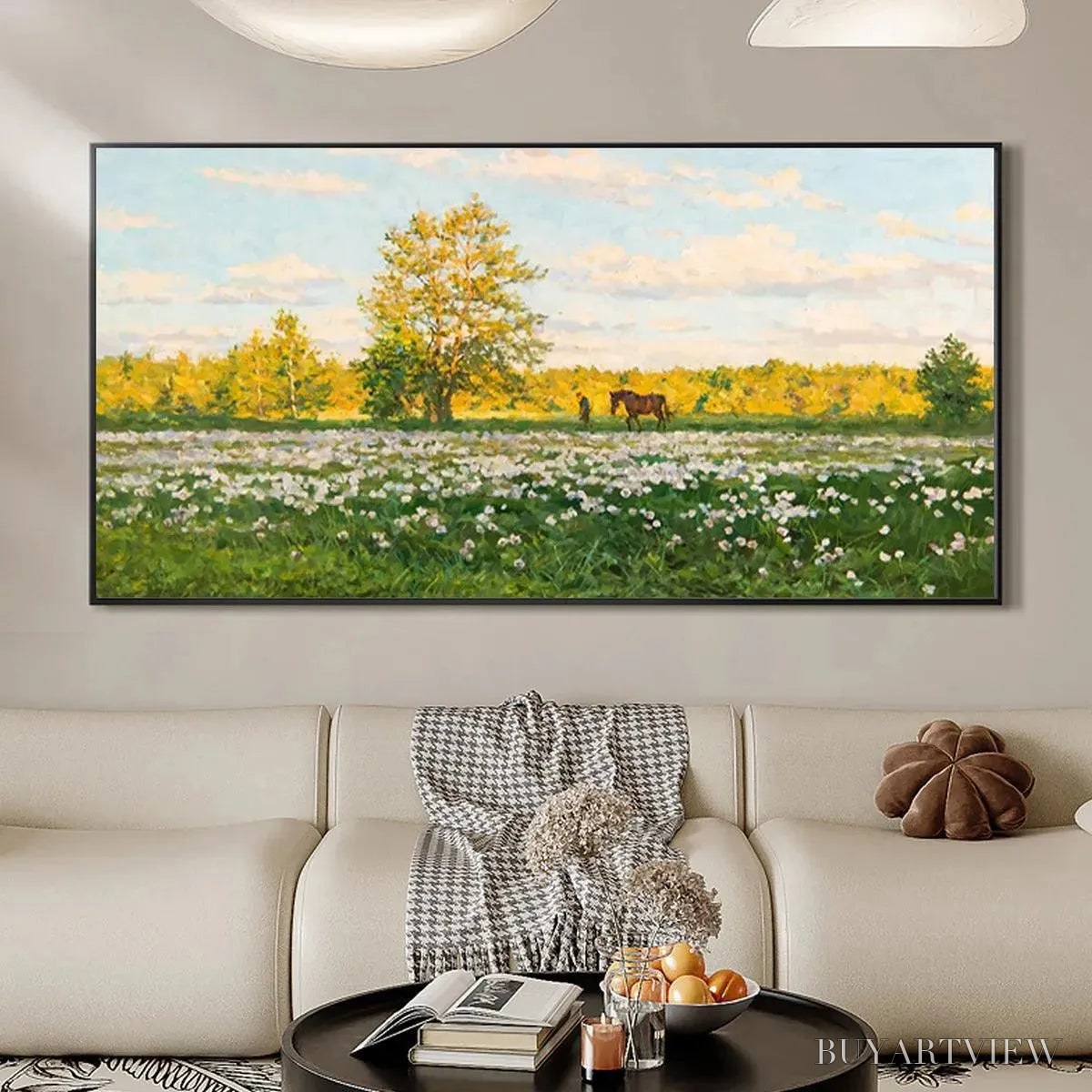 BUYARTVIEW Sunlit Meadow – Tranquil Landscape Painting with Horse and Figure - image 4