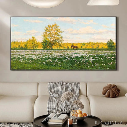 BUYARTVIEW Sunlit Meadow – Tranquil Landscape Painting with Horse and Figure - image 4