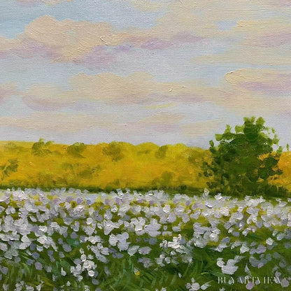 BUYARTVIEW Sunlit Meadow – Tranquil Landscape Painting with Horse and Figure - image 5