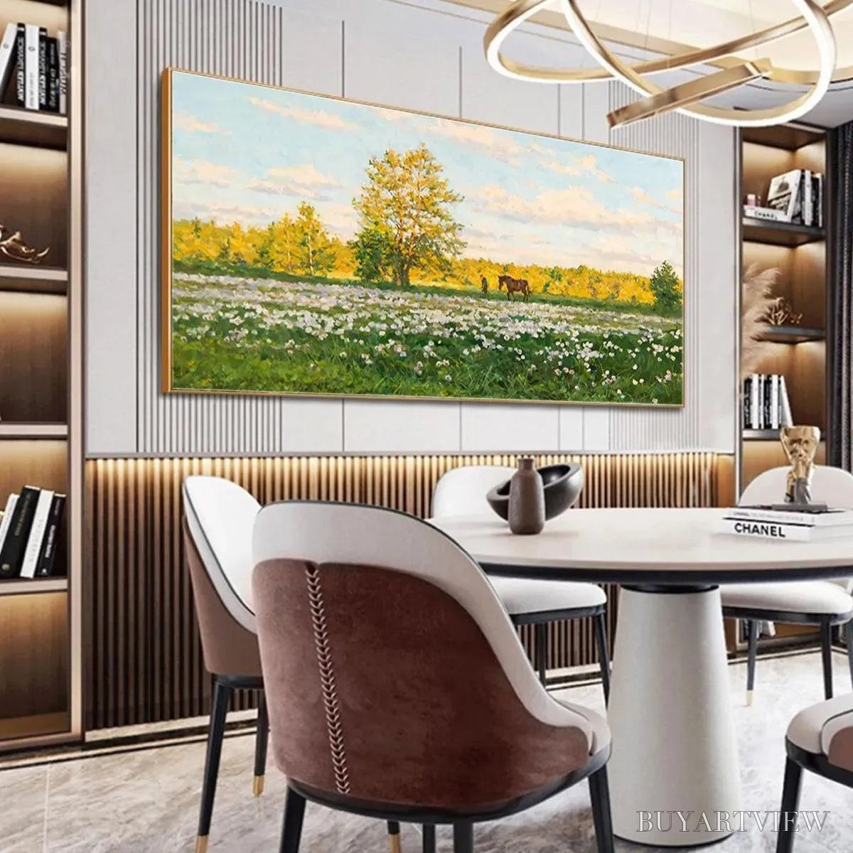 BUYARTVIEW Sunlit Meadow – Tranquil Landscape Painting with Horse and Figure - image 6