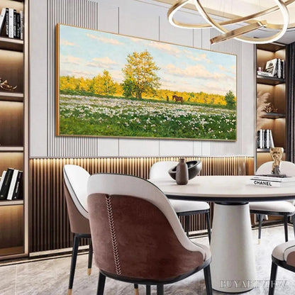 BUYARTVIEW Sunlit Meadow – Tranquil Landscape Painting with Horse and Figure - image 6