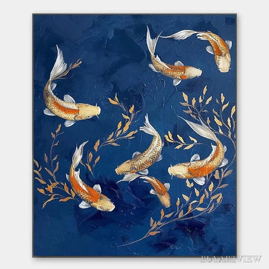 BUYARTVIEW Golden Koi – Vertical Koi Fish Painting on Blue Background - image 1