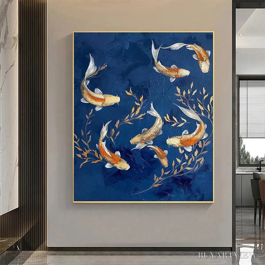BUYARTVIEW Golden Koi – Vertical Koi Fish Painting on Blue Background - image 2