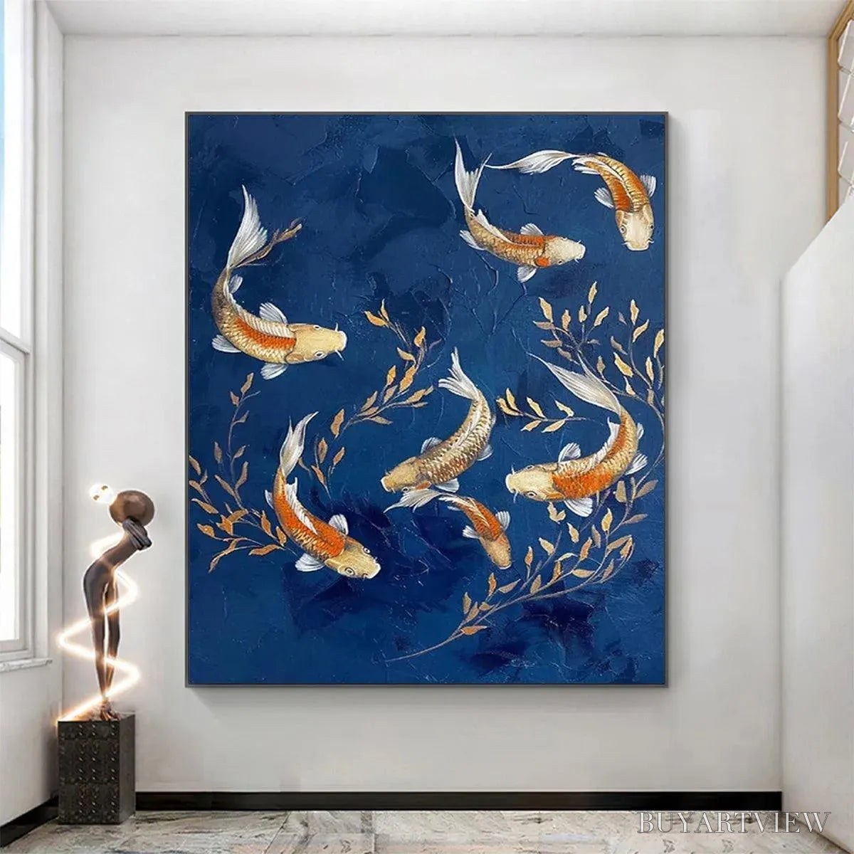 BUYARTVIEW Golden Koi – Vertical Koi Fish Painting on Blue Background - image 4