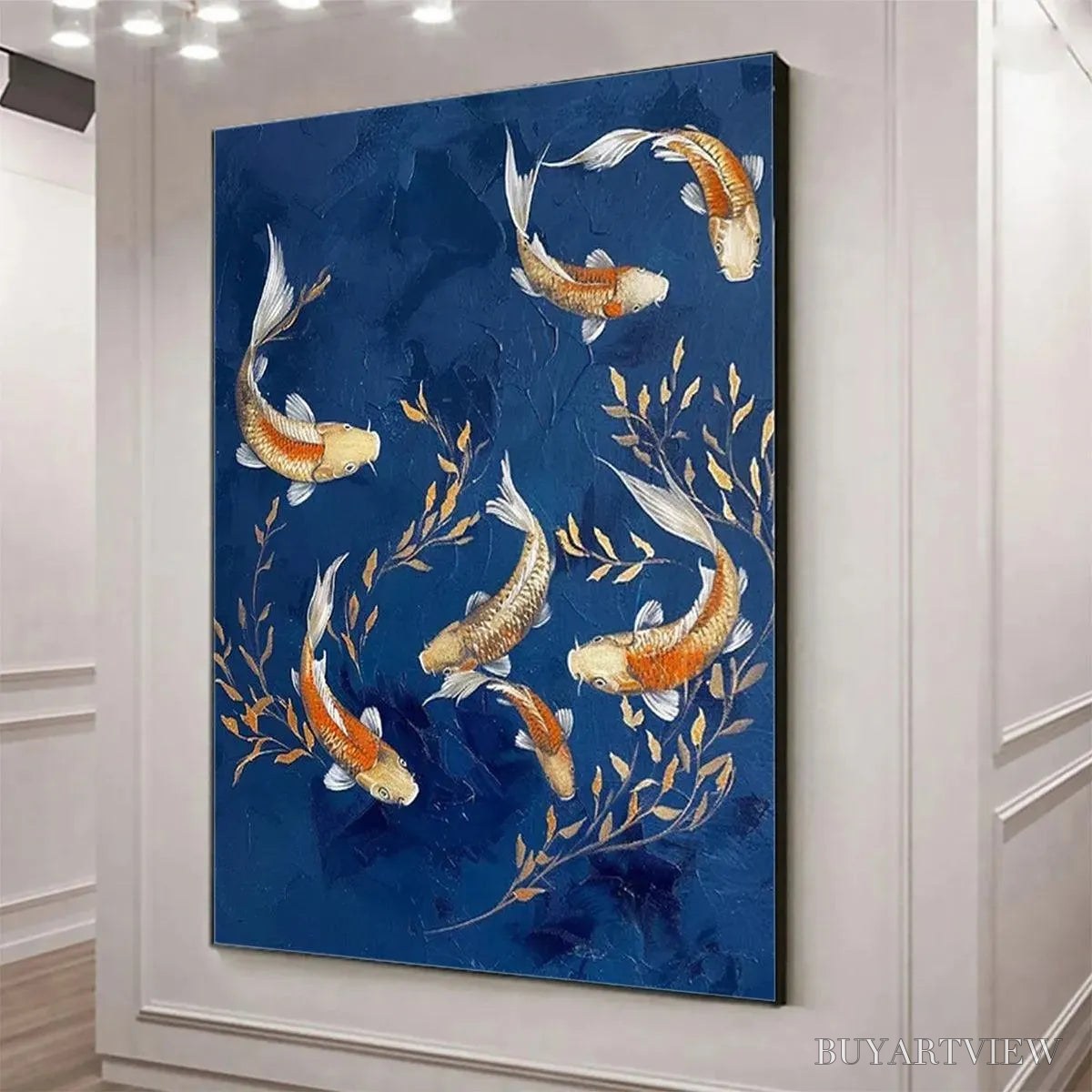 BUYARTVIEW Golden Koi – Vertical Koi Fish Painting on Blue Background - image 6