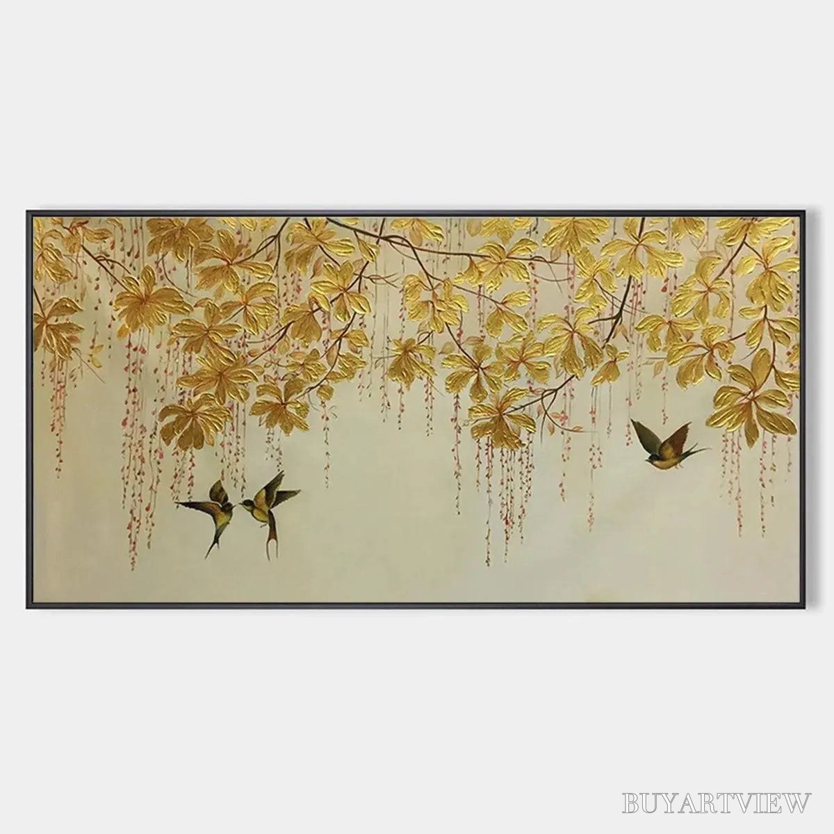 BUYARTVIEW Golden Garden – Panoramic Golden Leaf and Bird Painting | Asian Art - image 1
