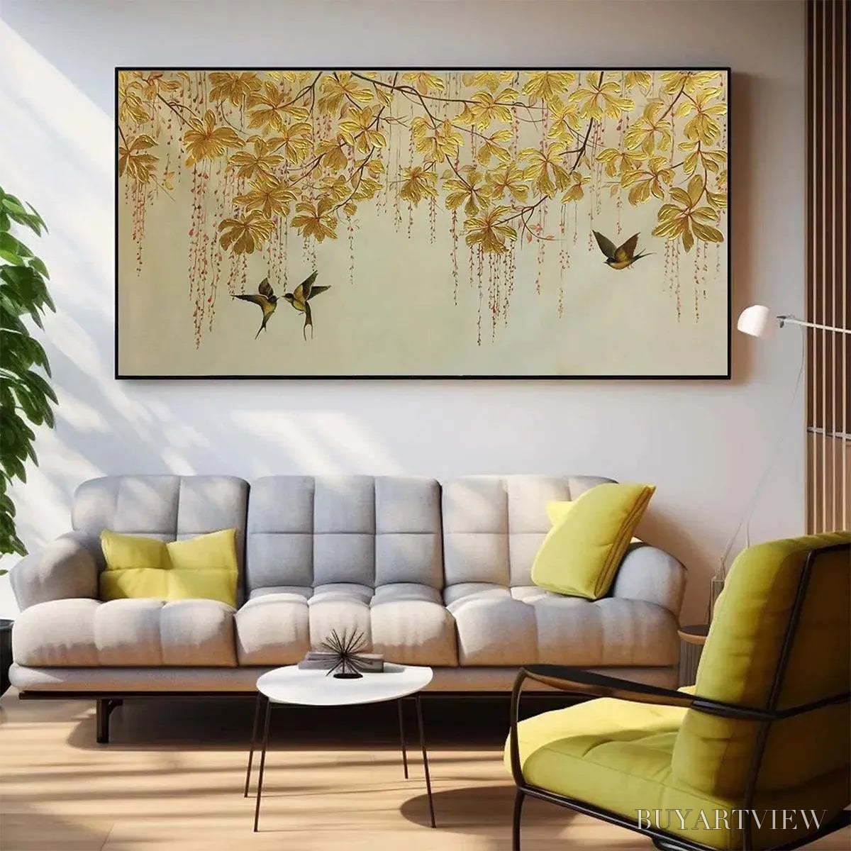 BUYARTVIEW Golden Garden – Panoramic Golden Leaf and Bird Painting | Asian Art - image 2