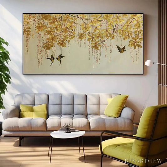 BUYARTVIEW Golden Garden – Panoramic Golden Leaf and Bird Painting | Asian Art - image 2
