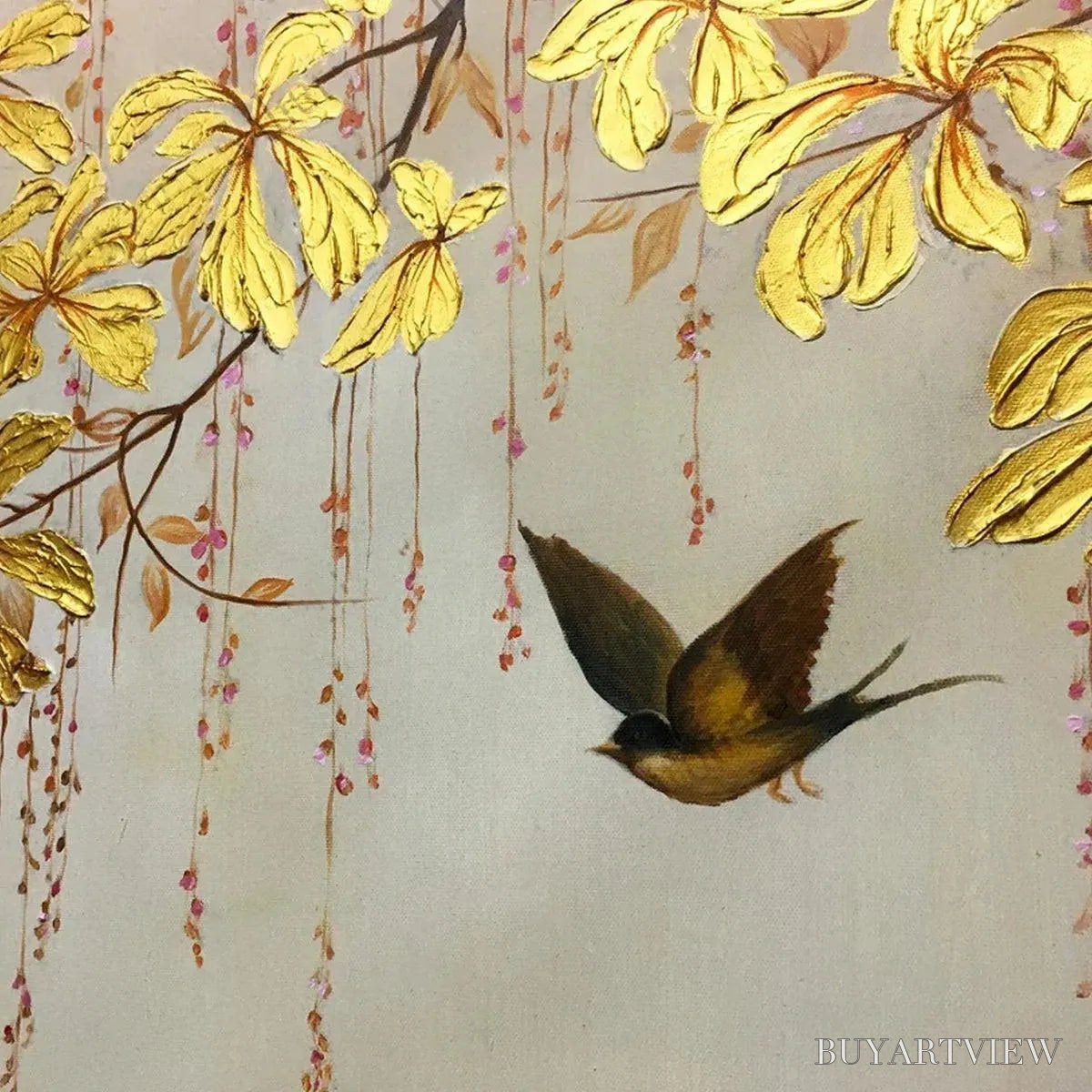 BUYARTVIEW Golden Garden – Panoramic Golden Leaf and Bird Painting | Asian Art - image 3
