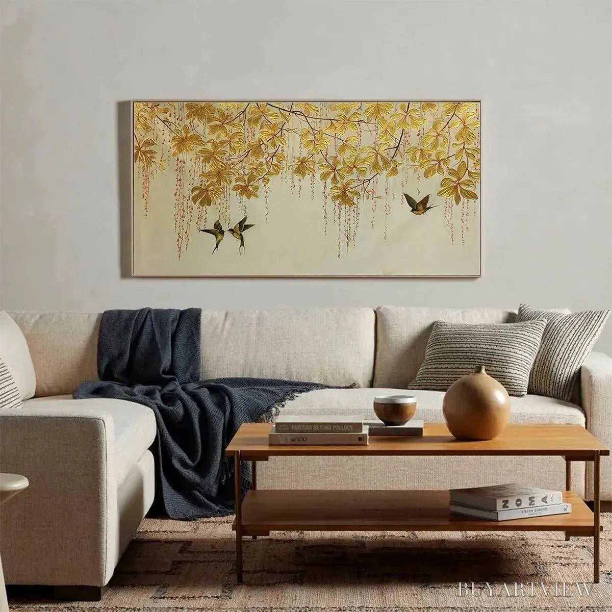 BUYARTVIEW Golden Garden – Panoramic Golden Leaf and Bird Painting | Asian Art - image 4