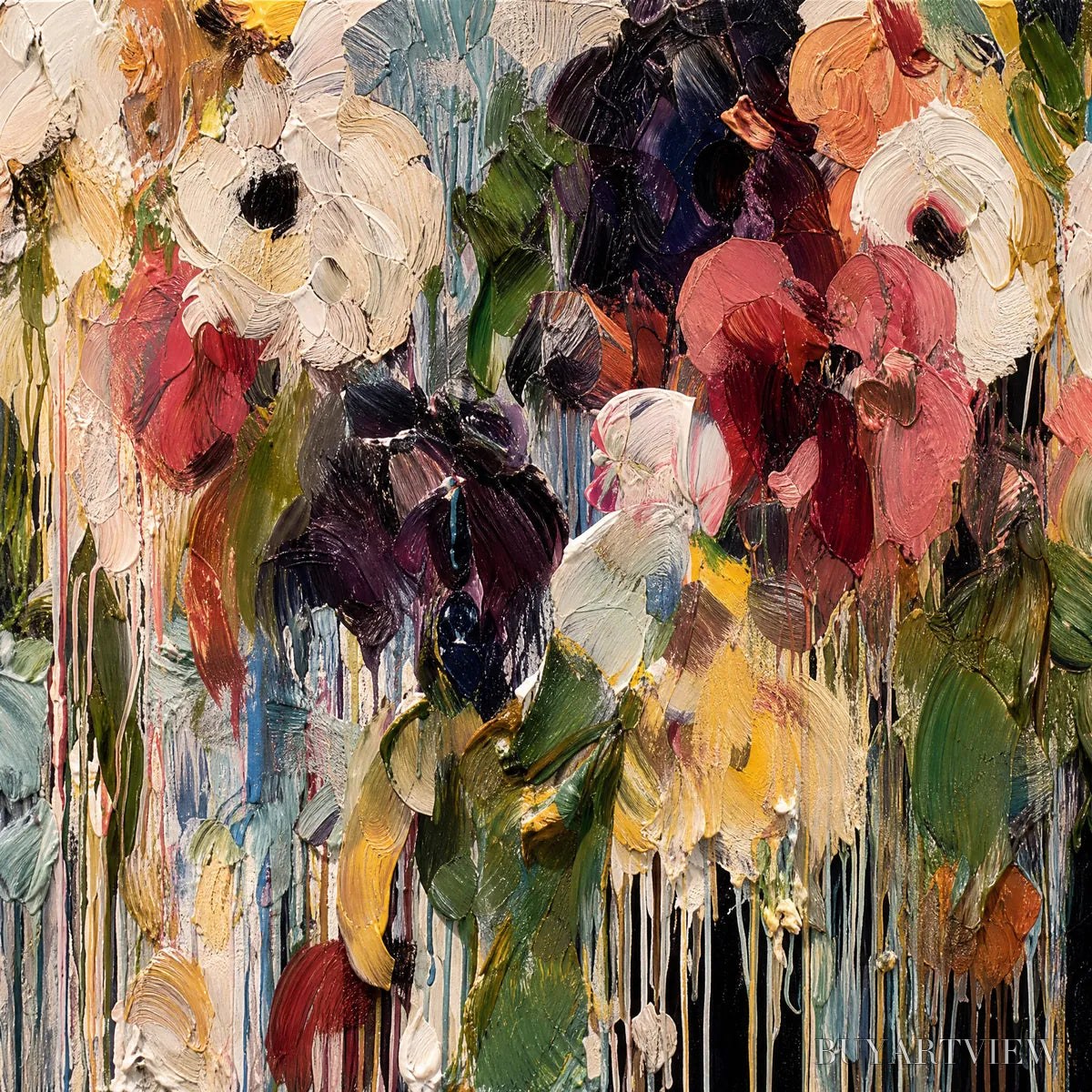 BUYARTVIEW Chromatic Cascade – Colorful Abstract Floral Painting with Heavy Texture and Drips - image 3