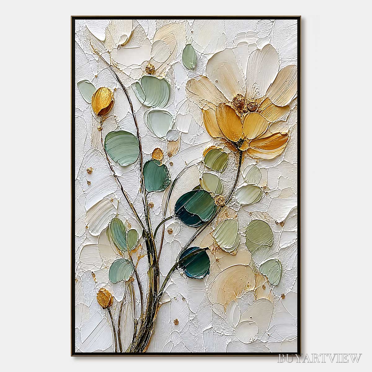 BUYARTVIEW Golden Whisper – Textured Floral Impasto Painting with Gold Leaf - image 1