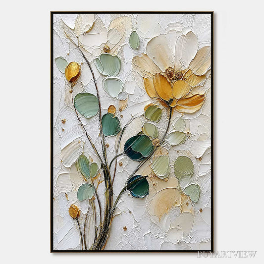 BUYARTVIEW Golden Whisper – Textured Floral Impasto Painting with Gold Leaf - image 1