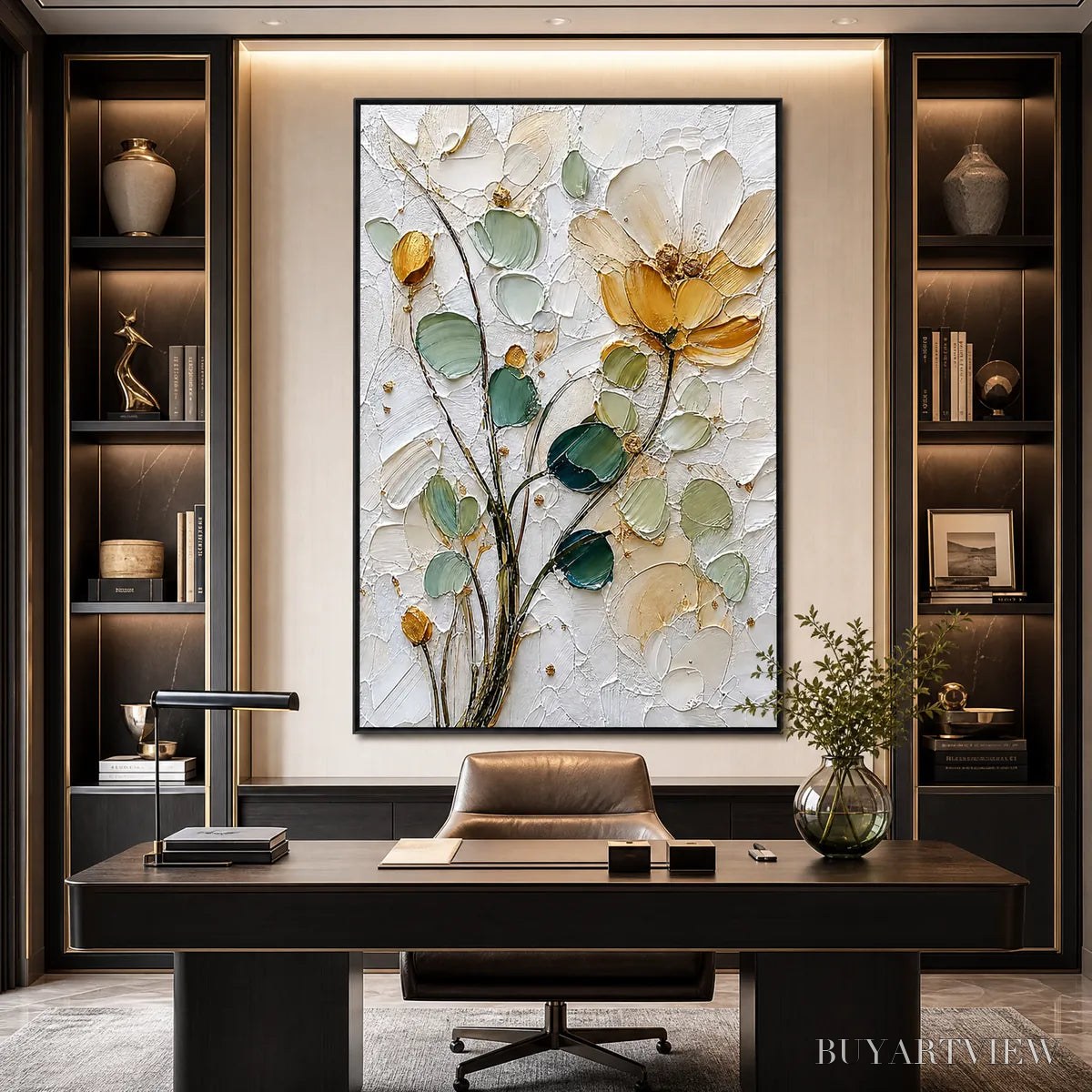 BUYARTVIEW Golden Whisper – Textured Floral Impasto Painting with Gold Leaf - image 2