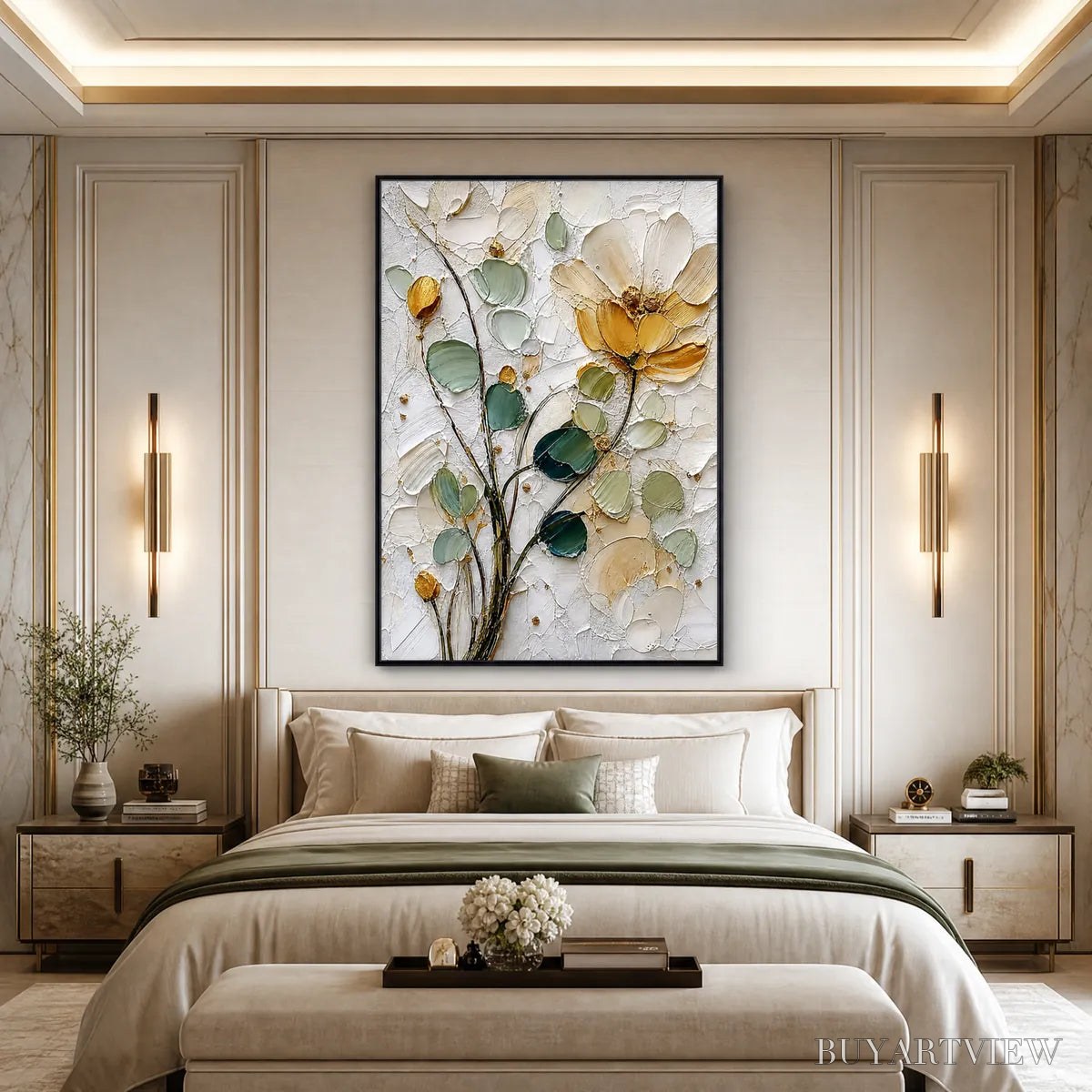 BUYARTVIEW Golden Whisper – Textured Floral Impasto Painting with Gold Leaf - image 4