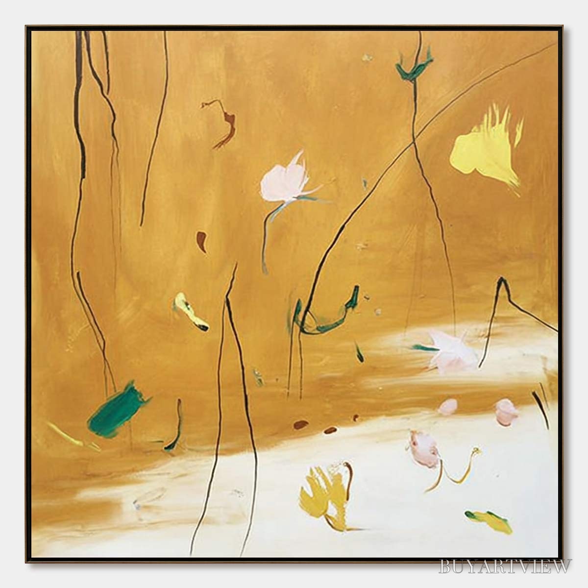 BUYARTVIEW Ochre Whispers – Wabi Sabi Inspired Abstract Floral Painting - image 1