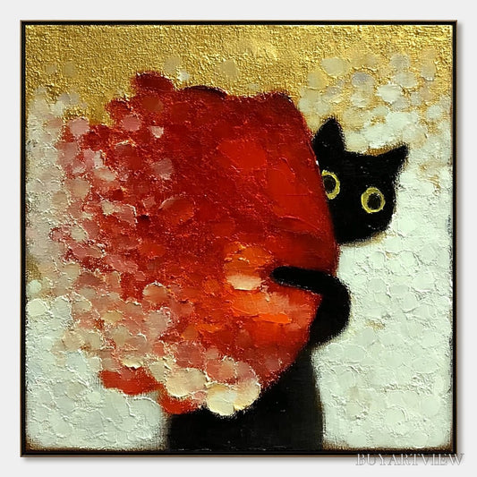 BUYARTVIEW Peekaboo – Textured Impasto Black Cat and Red Flower Painting - image 1