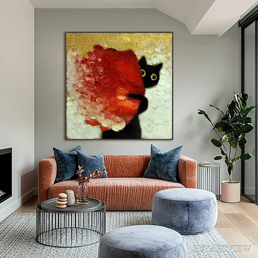 BUYARTVIEW Peekaboo – Textured Impasto Black Cat and Red Flower Painting - image 2