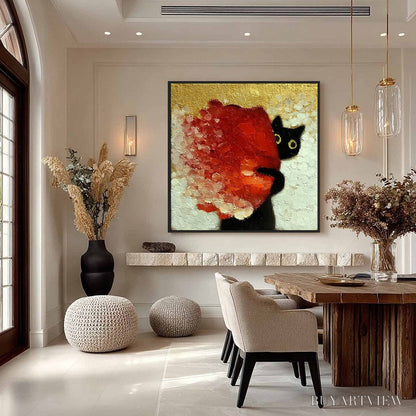 BUYARTVIEW Peekaboo – Textured Impasto Black Cat and Red Flower Painting - image 4