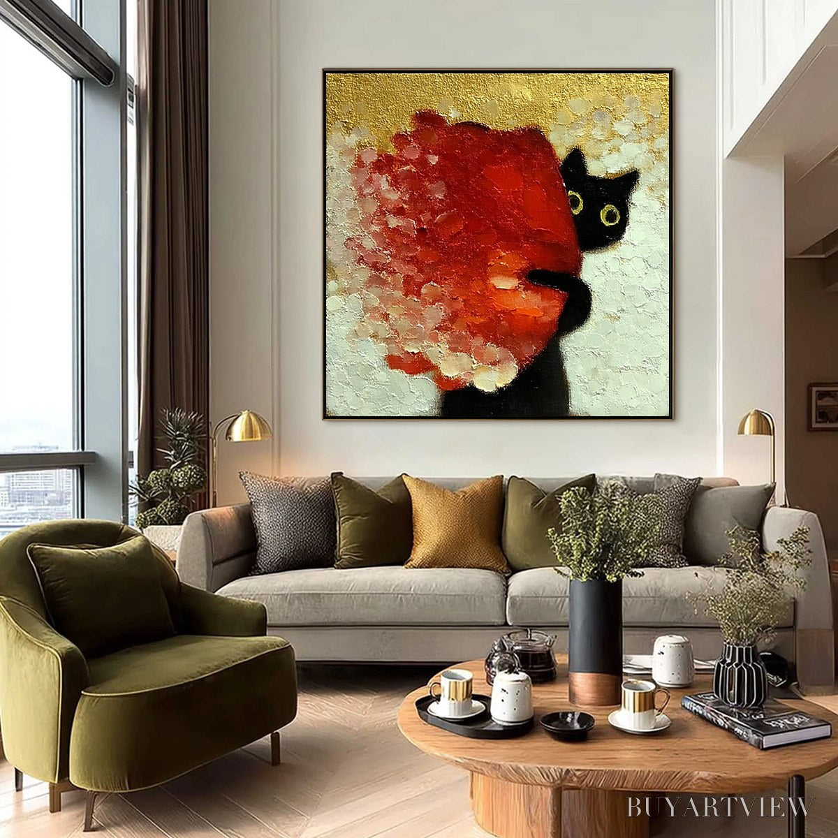 BUYARTVIEW Peekaboo – Textured Impasto Black Cat and Red Flower Painting - image 6