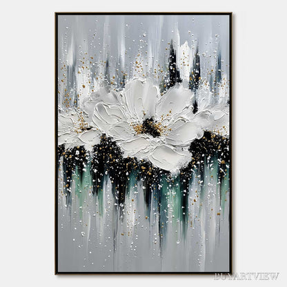 BUYARTVIEW Echoes in White – Textured White Flower Impasto Oil Painting with Gold Accents - image 1