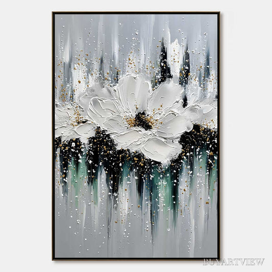 BUYARTVIEW Echoes in White – Textured White Flower Impasto Oil Painting with Gold Accents - image 1