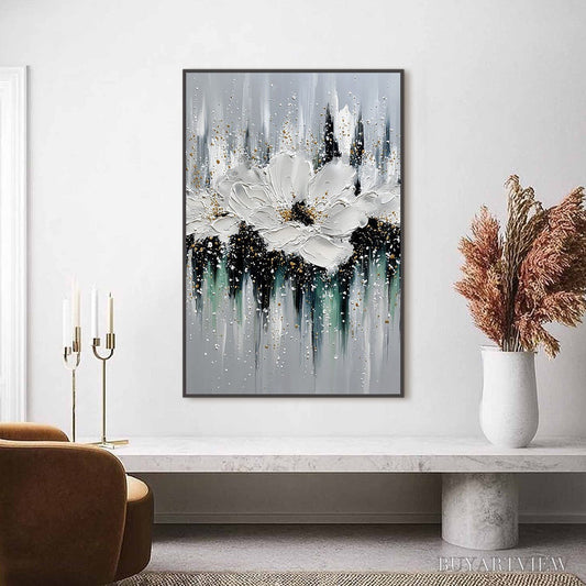 BUYARTVIEW Echoes in White – Textured White Flower Impasto Oil Painting with Gold Accents - image 2