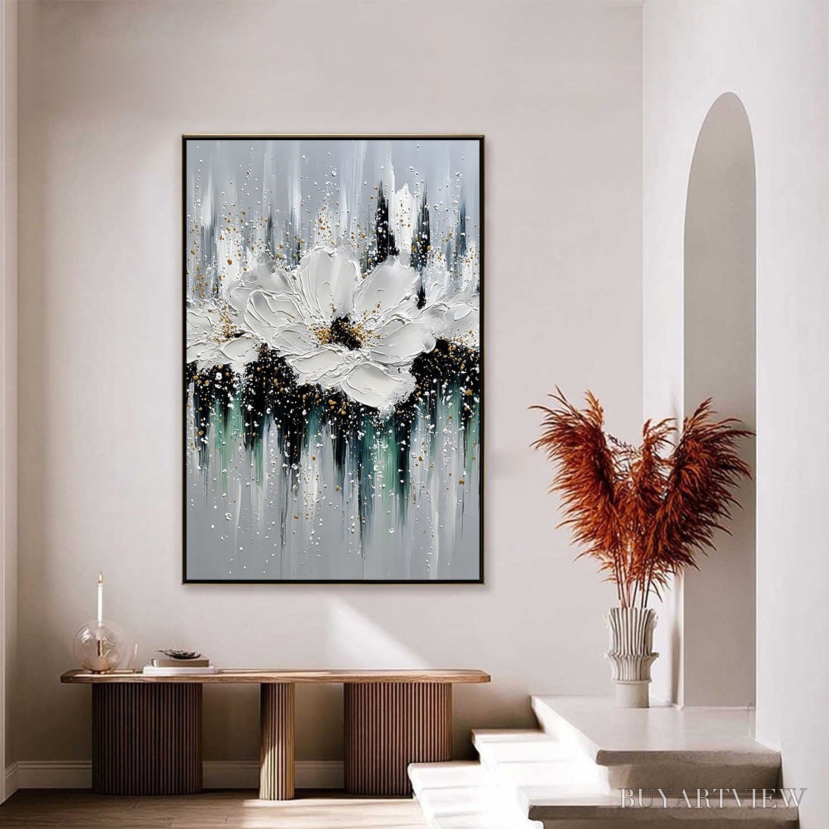 BUYARTVIEW Echoes in White – Textured White Flower Impasto Oil Painting with Gold Accents - image 4