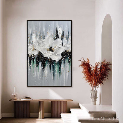 BUYARTVIEW Echoes in White – Textured White Flower Impasto Oil Painting with Gold Accents - image 4