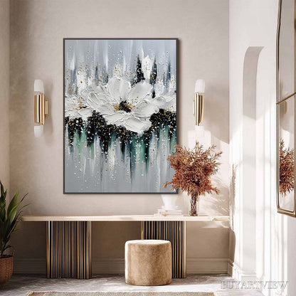 BUYARTVIEW Echoes in White – Textured White Flower Impasto Oil Painting with Gold Accents - image 6