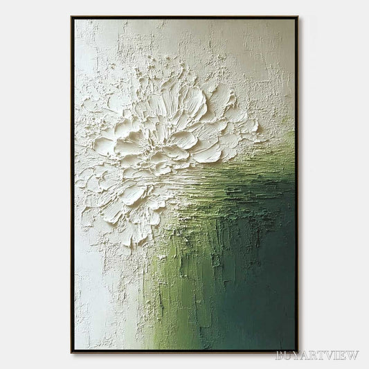BUYARTVIEW Verdant Bloom – Textured Green and White Wabi Sabi Abstract Painting - image 1