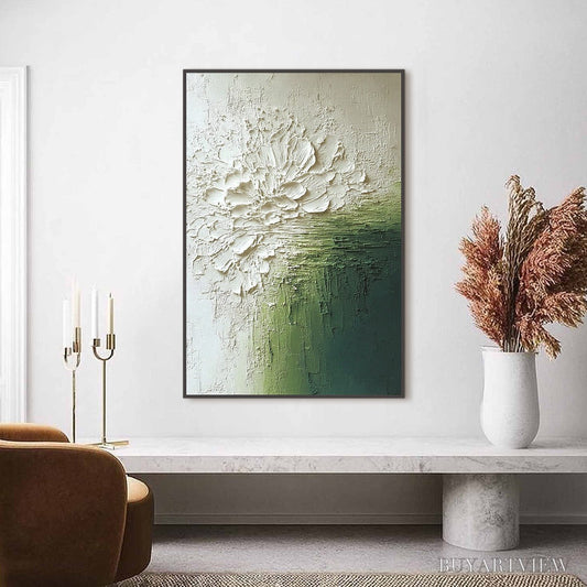 BUYARTVIEW Verdant Bloom – Textured Green and White Wabi Sabi Abstract Painting - image 2