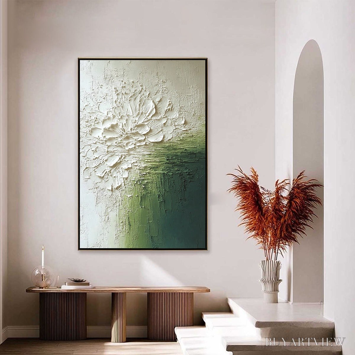 BUYARTVIEW Verdant Bloom – Textured Green and White Wabi Sabi Abstract Painting - image 4