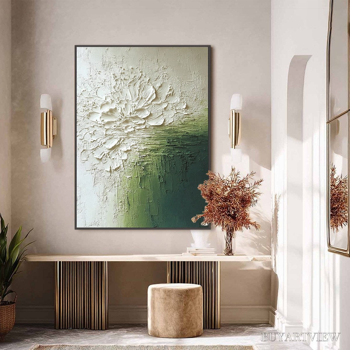 BUYARTVIEW Verdant Bloom – Textured Green and White Wabi Sabi Abstract Painting - image 6