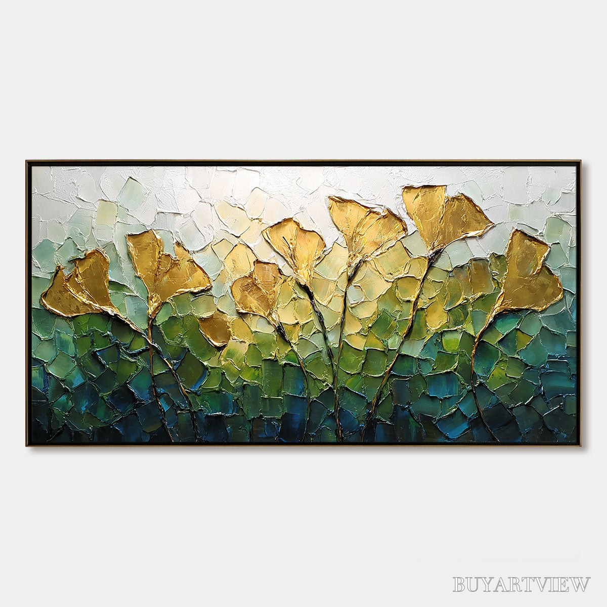 BUYARTVIEW Gilded Ginkgo – Textured Golden Floral Impasto Oil Painting - image 1