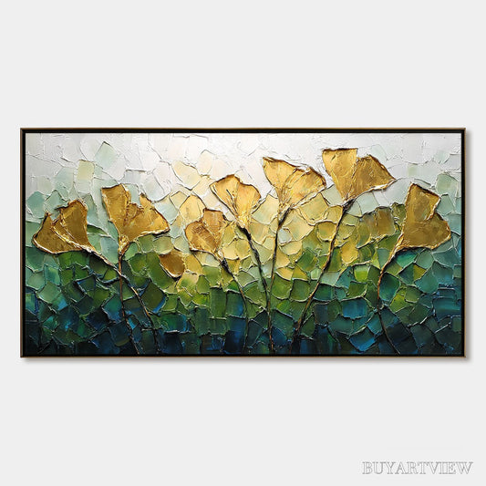 BUYARTVIEW Gilded Ginkgo – Textured Golden Floral Impasto Oil Painting - image 1