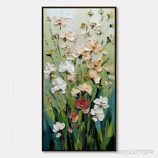 BUYARTVIEW Spring'S Embrace – Vertical Impasto Wildflower Meadow Painting - image 1