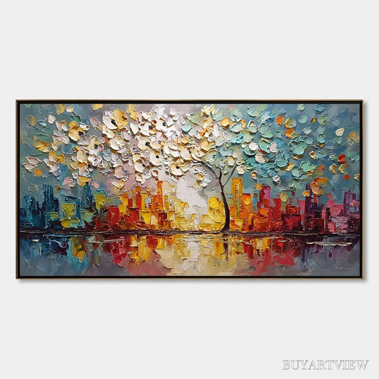 BUYARTVIEW Urban Blossom – Textured Palette Knife Cityscape Reflection Painting - image 1