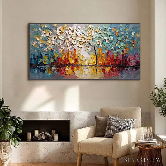 BUYARTVIEW Urban Blossom – Textured Palette Knife Cityscape Reflection Painting - image 2